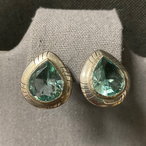 Vintage Sterling 925 silver pierced earrings with aquamarine stones with bag - Picture 1 of 11